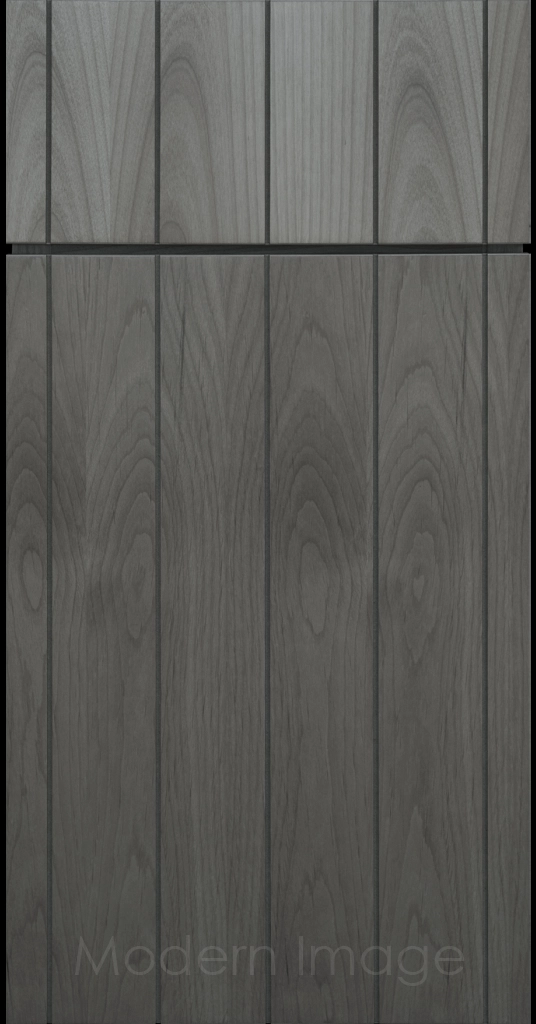 Front view of a Brooklyn style Grooved Flat Panel Cabinet Door and Drawer finished in Pewter Stain.